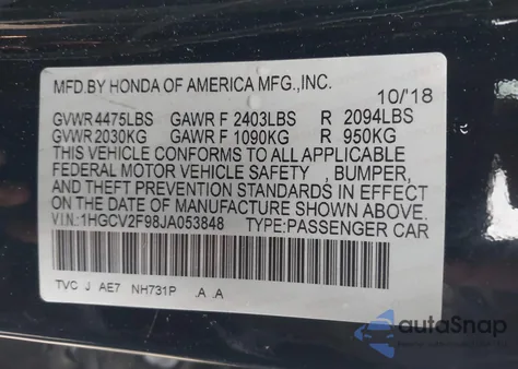 2018 Honda Accord Touring 2.0T from USA, damaged, VIN 1HGCV2F98JA053848
